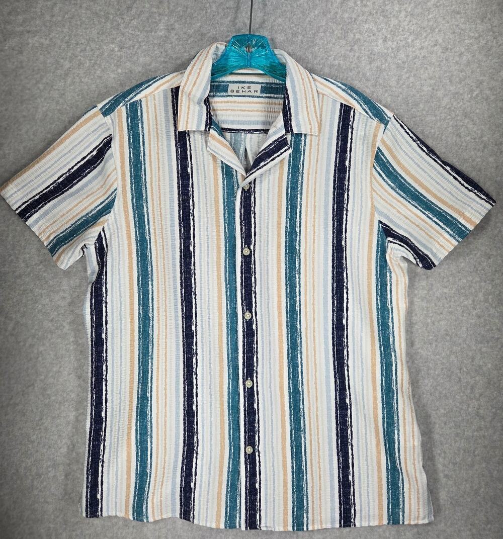 Ike Behar Men's Large Seersucker Camp Shirt Striped Short Sleeve Button Up Blue